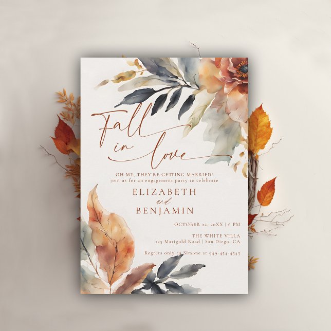 Invitación Caída enamorada Terracota deja partido de compromi (fall engagement party invitation rustic leaves foliage floral botanical frame elegant backyard barn)