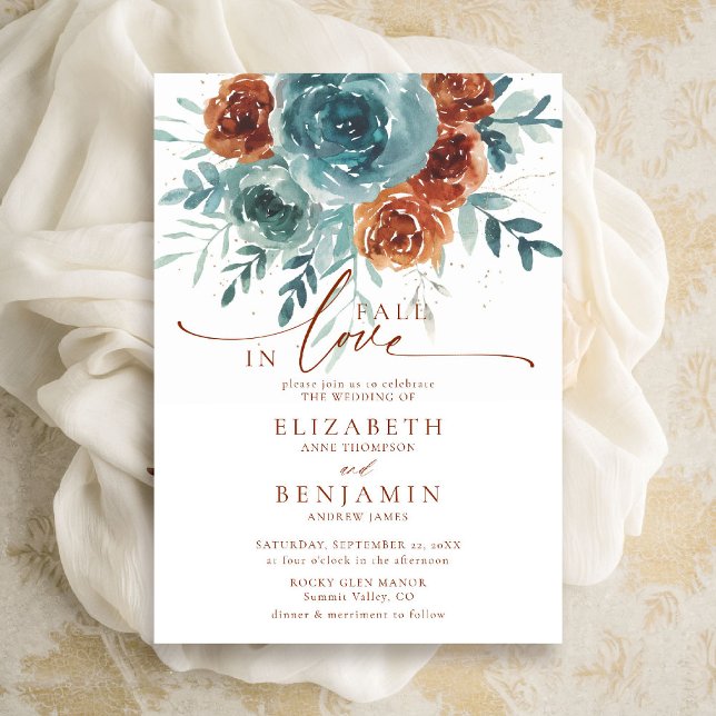 Invitación Caída enamorada Verde azulada Terracotta Boho Boda (fall in love wedding invitation teal burnt orange terracotta watercolor floral botanical earthy chic)