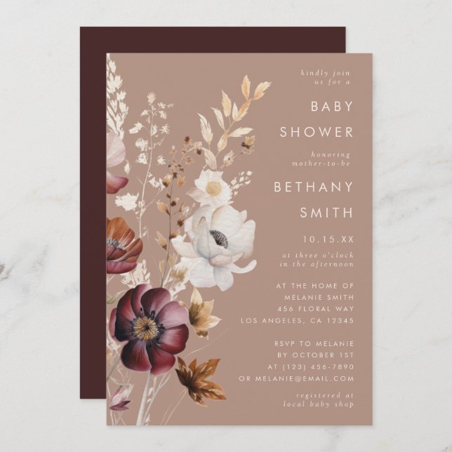 Invitación Caída floral bohemia Taupe Baby Shower (Anverso / Reverso)
