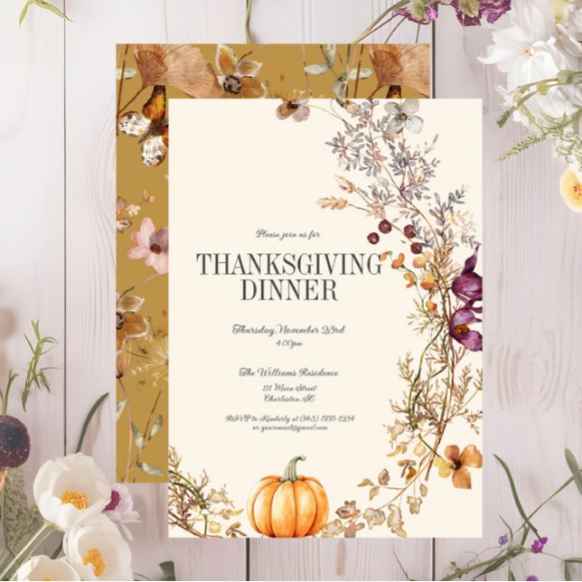 Invitación Caída Floral Boho Calabaza Acción de Gracias Cena (Fall Pumpkin Floral Thanksgiving Dinner Invitation, Wildflowers, Autumn Flowers)