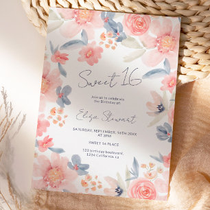Invitación Caída floral boho color de agua azul rosa Sweet 16