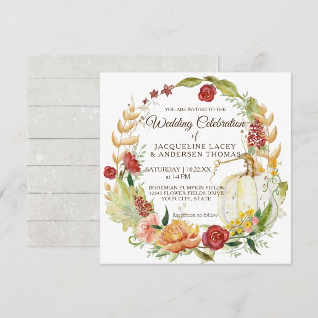 Invitación Caída Floral Borgoña Blanco Calabaza Wreath Boda (Anverso / Reverso)