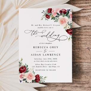 Invitación Caída Floral Borgoña Boda rojo y Rubor