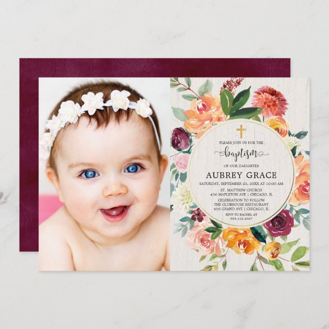 Invitación Caída floral borgoña rubia baptismo rústico foto (Anverso / Reverso)