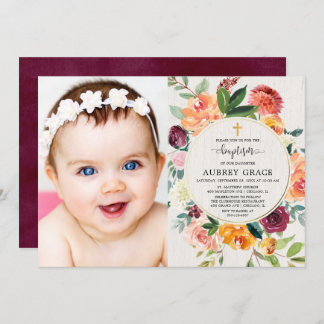 Invitación Caída floral borgoña rubia baptismo rústico foto
