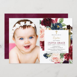 Invitación Caída floral borgoña rubia dorada chica bautismo f