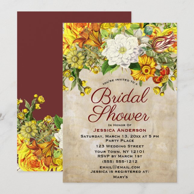 Invitación Caída Floral Botánica Borgoña Dorada Ducha de Novi (Anverso / Reverso)