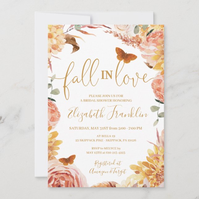 Invitación Caída Floral de la ducha de novia otoño enamora (Anverso)