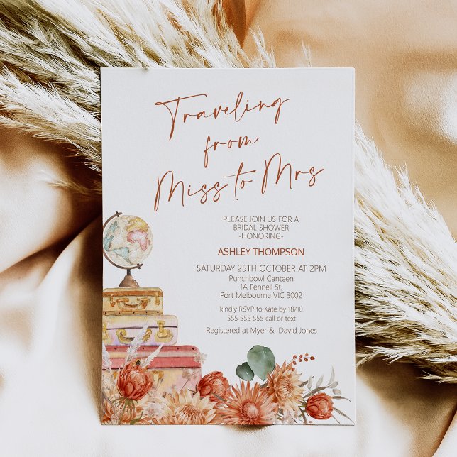 Invitación Caída floral de la señorita Mrs Bridal Shower (Boho Floral Fall Traveling from Miss to Mrs Bridal Shower Invitation, Burn Orange, Rust Boho Floral)