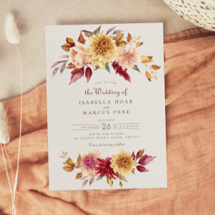 Invitación Caída Floral Dorada Escarlata deja Boda