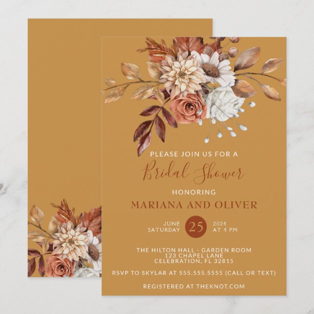 Invitación Caída Floral Gold Bridal Shower (Anverso / Reverso)
