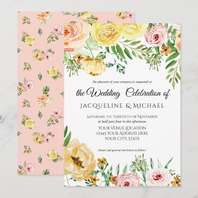 Invitación Caída floral moderna con hoja de Rosa Rubor amaril (Anverso / Reverso)