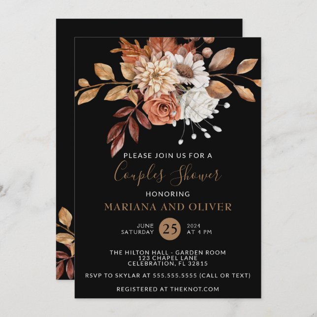Invitación Caída Floral Negro Ducha Parejas Oscuras (Anverso / Reverso)