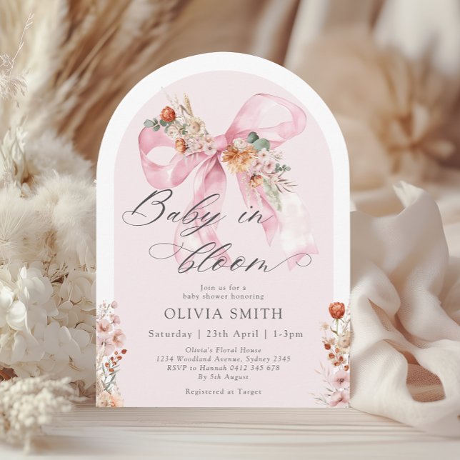 Invitación Caída Floral Rosa Bow Bebé en Baby Shower en Bloom (Subido por el creador)