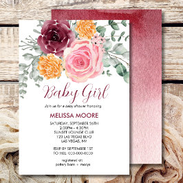 Invitación Caída floral rosa burgundy chica bebé ducha