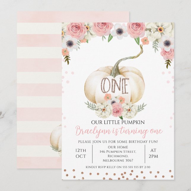 Invitación Caída floral rústica Calabaza blanca Primer cumple (Anverso / Reverso)