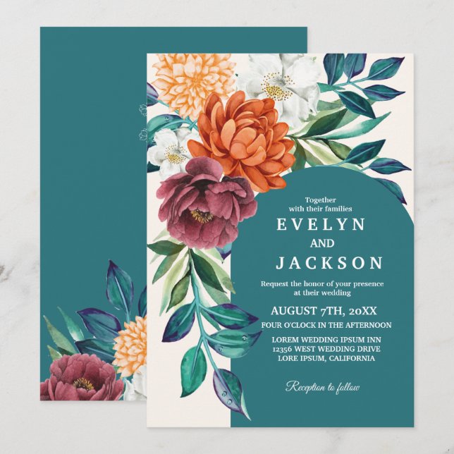 Invitación Caída floral Verde azulada moderna de acuarela Bod (Anverso / Reverso)