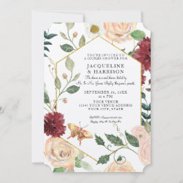 Invitación Caída Floral Watercolor Marsala Kraft Ducha Pareja