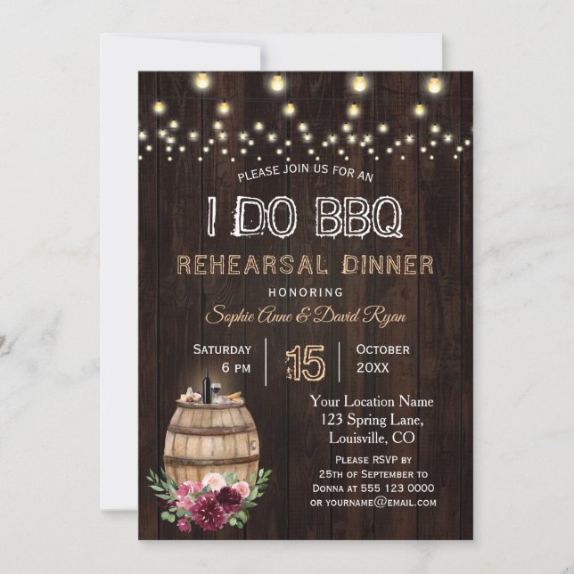 Invitación Caída Floral Wine Barrel Viñero Ensayo Cena (Anverso)