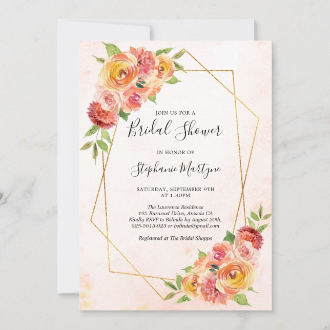 Invitación Caída Geométrica Agua Floral Ducha De Novias (Anverso)