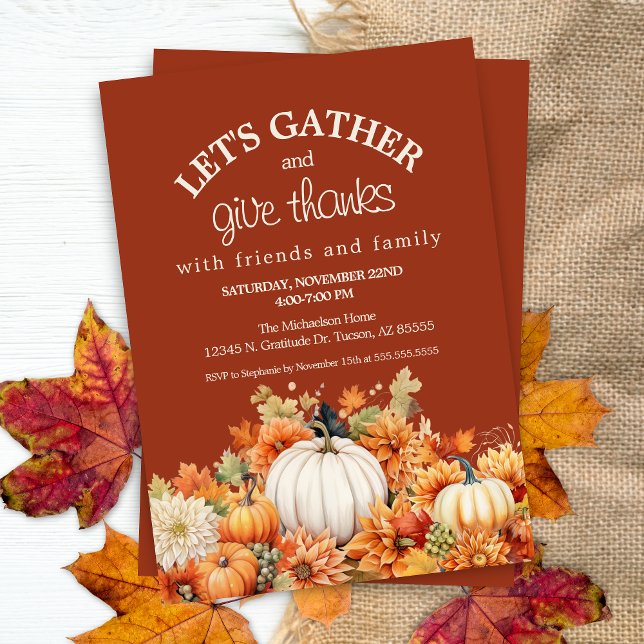 Invitación Caída Las Hojas De Otoño Nos Reunimos Acción de Gr (fall leaves and pumpkin theme rustic friendsgiving thanksgiving party invitation lets gather)