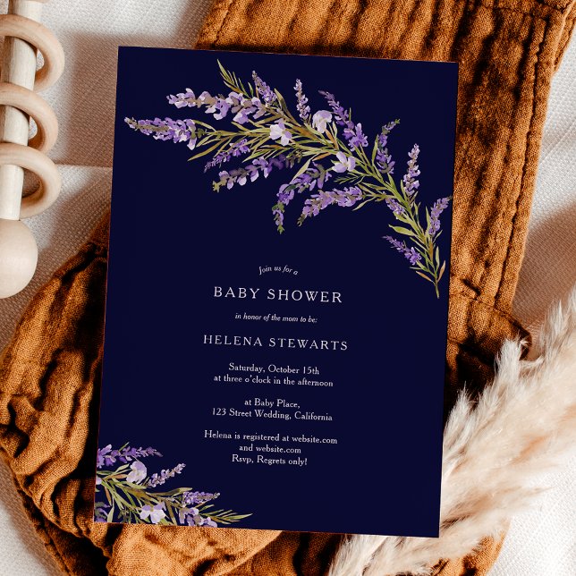 Invitación Caída lavanda floral acuarela moda bebé ducha (Fall lavender floral watercolor chic baby shower invitation on navy blue)
