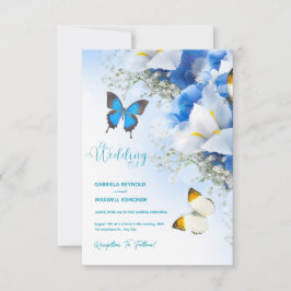 Invitación Caída Mariposa Naturaleza Azul Hidrangea Boda
