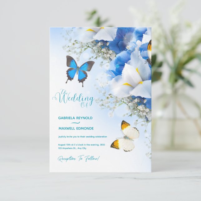 Invitación Caída Mariposa Naturaleza Azul Hidrangea Boda (Anverso de pie)