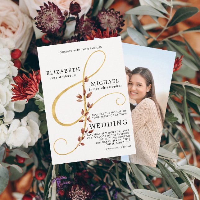 Invitación Caída Moderna Deja A Ampersand Y Simple Photo Boda (Subido por el creador)