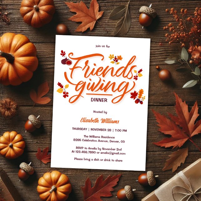 Invitación Caída Moderna Deja Fiesta De Cena Amigable (Modern Fall Leaves Friendsgiving Dinner Party Invitation)