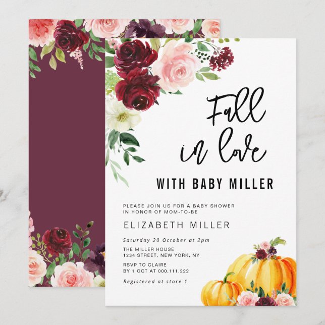Invitación caída moderna en el amor ducha bebe burgundy rubia (Anverso / Reverso)