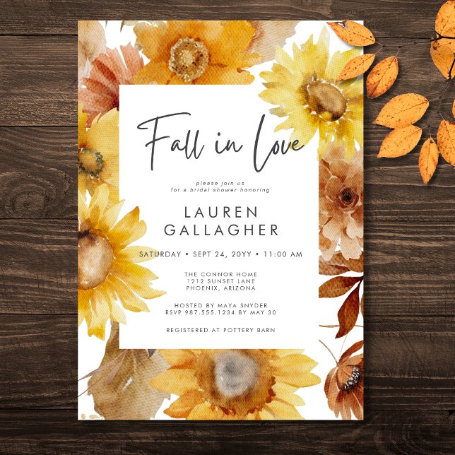 Invitación Caída Moderna Enamorada Ducha Bridal Floral De Gir (Modern Fall In Love Sunflower Floral Bridal Shower Invitation)