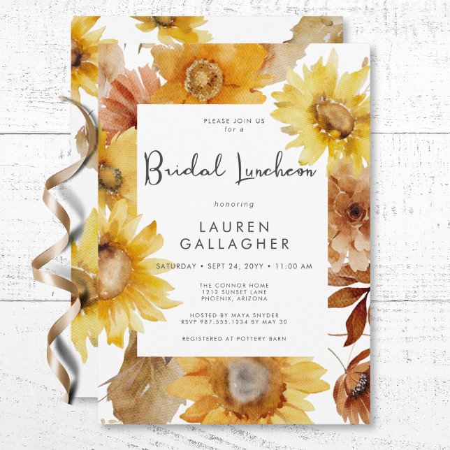 Invitación Caída Moderna Marco floral de girasol Noche Lunche (Modern Fall Sunflower Floral Frame Bridal Luncheon Invitation)