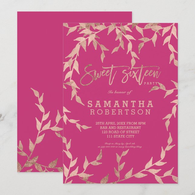Invitación Caída moderna rama de oro rosa magenta rosa Sweet  (Anverso / Reverso)