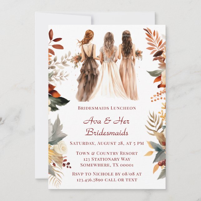 Invitación Caída Naranja Borgoña Floral Bridesmaids Luncheon (Anverso)