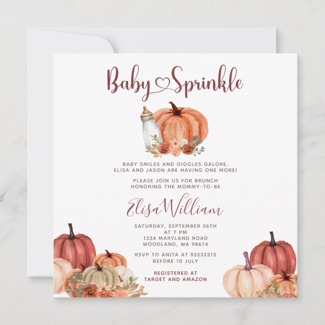 Invitación Caída Naranja Calabaza Leche Botella Bebé Rociar (Anverso)