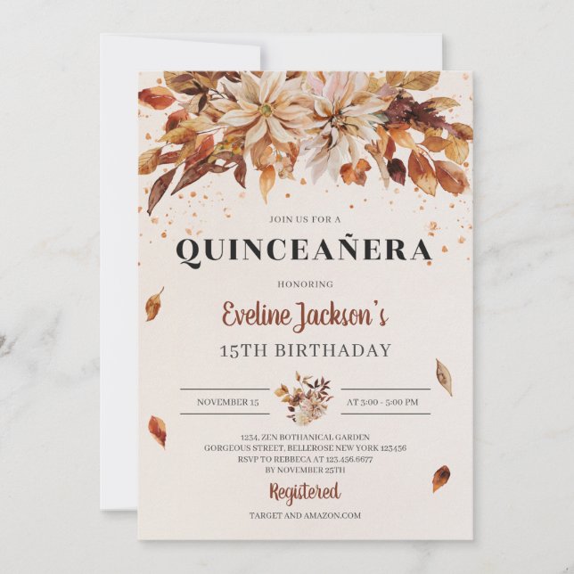 Invitación Caída Naranja Marigold Flores Boho Quinceanera (Anverso)