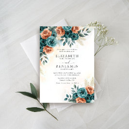 Invitación Caída Naranja Romántico Verde azulado  Boda Floral