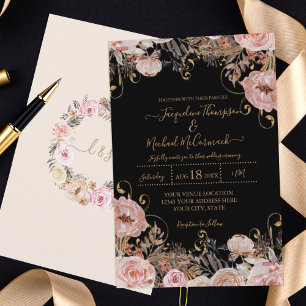 Invitación Caída Negro Rubor color de agua rosa Floral Rosa d