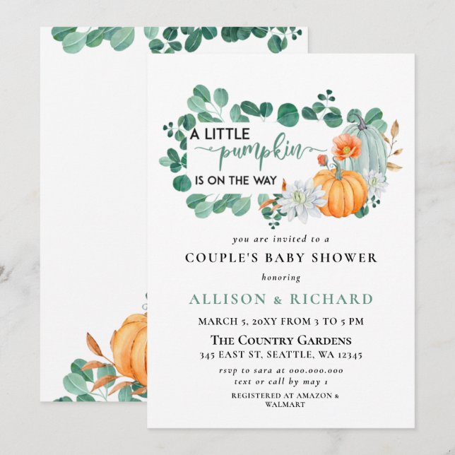 Invitación Caída neutra de género Calabaza Eucalyptus Baby Sh (Anverso / Reverso)