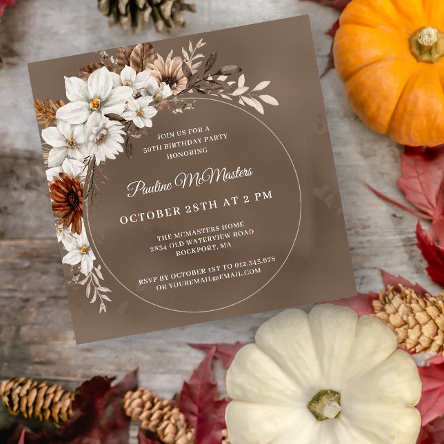 Invitación Caída Neutral de Floral Blanca 50 cumpleaños Plaza (Subido por el creador)