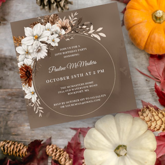 Invitación Caída Neutral Floral Blanca 30 cumpleaños Plaza (Subido por el creador)