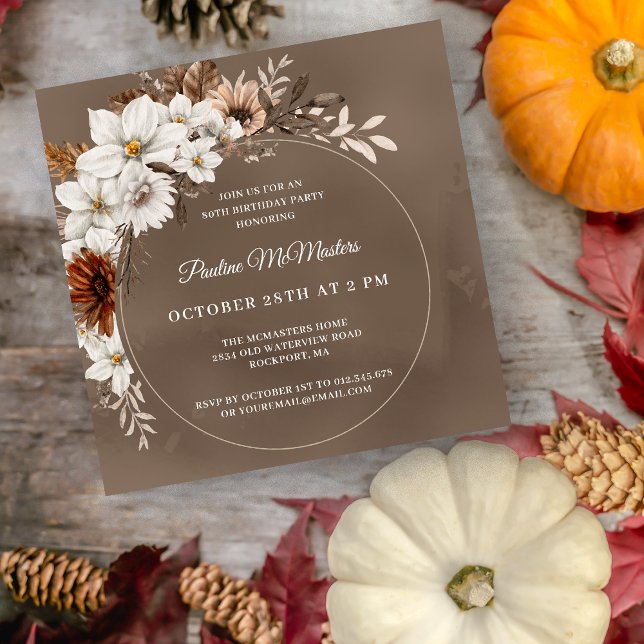 Invitación Caída Neutral Floral Blanca 80 cumpleaños Plaza (Subido por el creador)