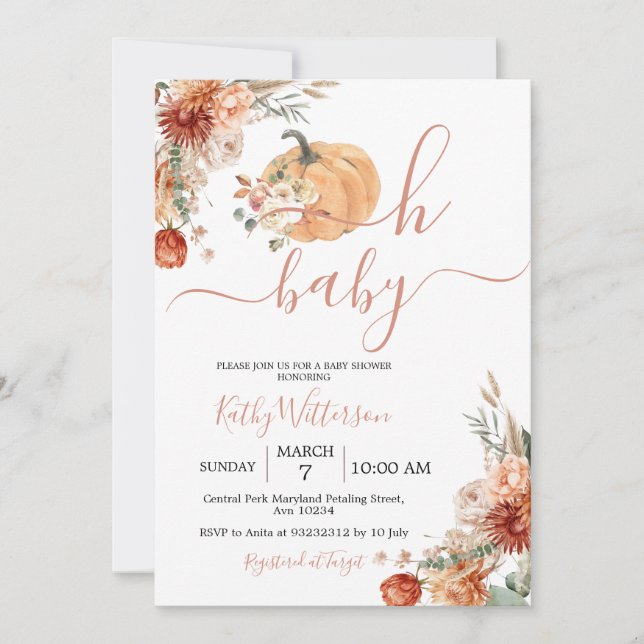 Invitación Caída Oh Baby Pumpkin Boho Wildflowers Baby Shower (Anverso)
