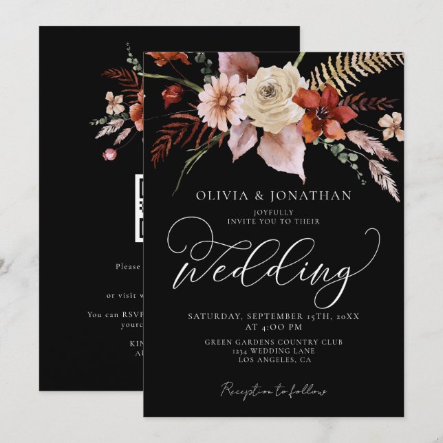 Invitación Caída Oscuro Moody Floral Negro Terracotta Boda (Anverso / Reverso)