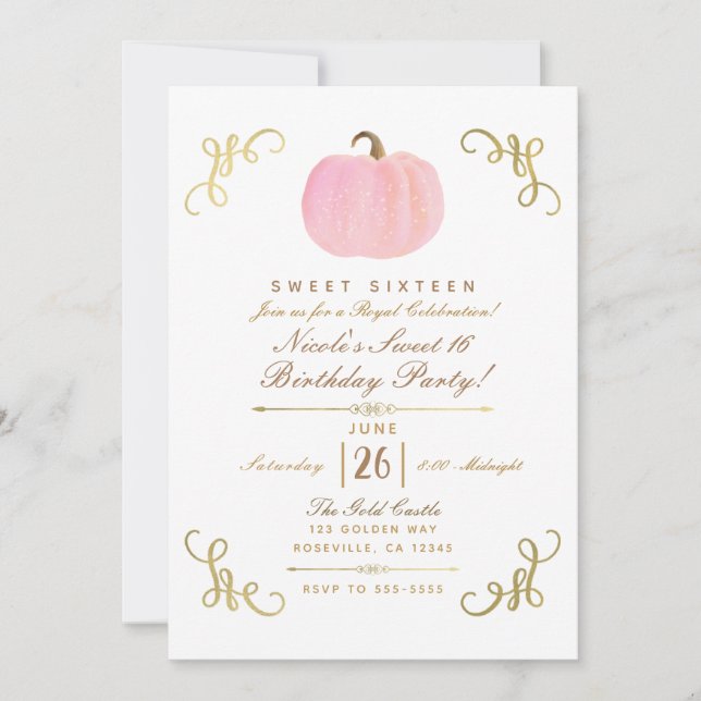 Invitación Caída Otoño Calabaza Rosada Dulce Dulce 16 Fiesta (Anverso)