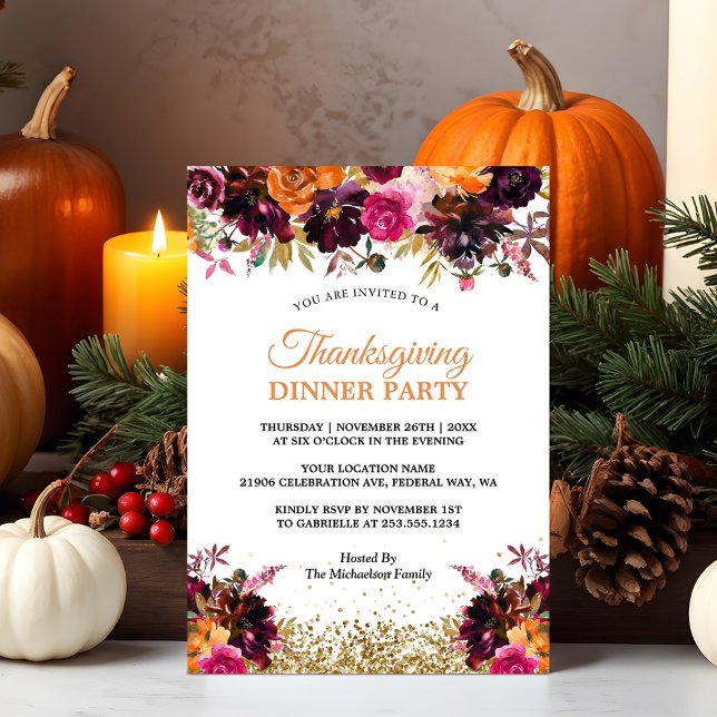 Invitación Caída Otoño Floral Gold Purpurina Acción de Gracia (Rustic Floral Thanksgiving Dinner Party)