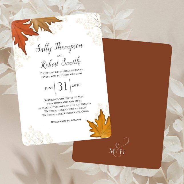 Invitación Caída Otoño Watercolor Leaves Personalizado Boda (Elegant fall foliage wedding invitation.)