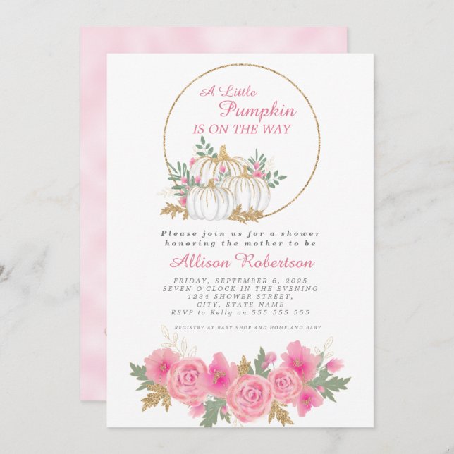 Invitación Caída Pequeña Calabaza Dorada Rosa Floral Baby Sho (Anverso / Reverso)