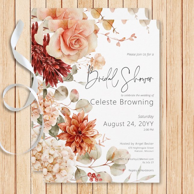 Invitación Caída picante y ducha de novia floral de Rubor Boh (Spicy Fall Rust & Blush Boho Floral Bridal Shower Invitation)